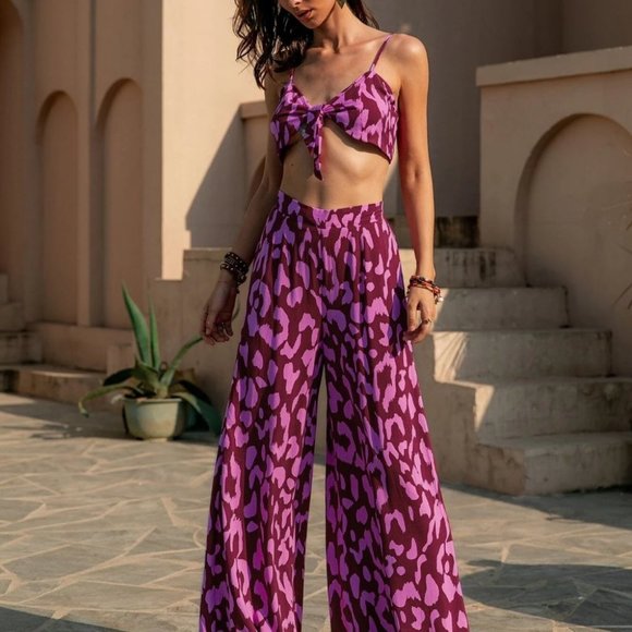 Purple Summer Allover Print Crop Cami Top & Wide Leg Pants Set - Picture 3 of 5